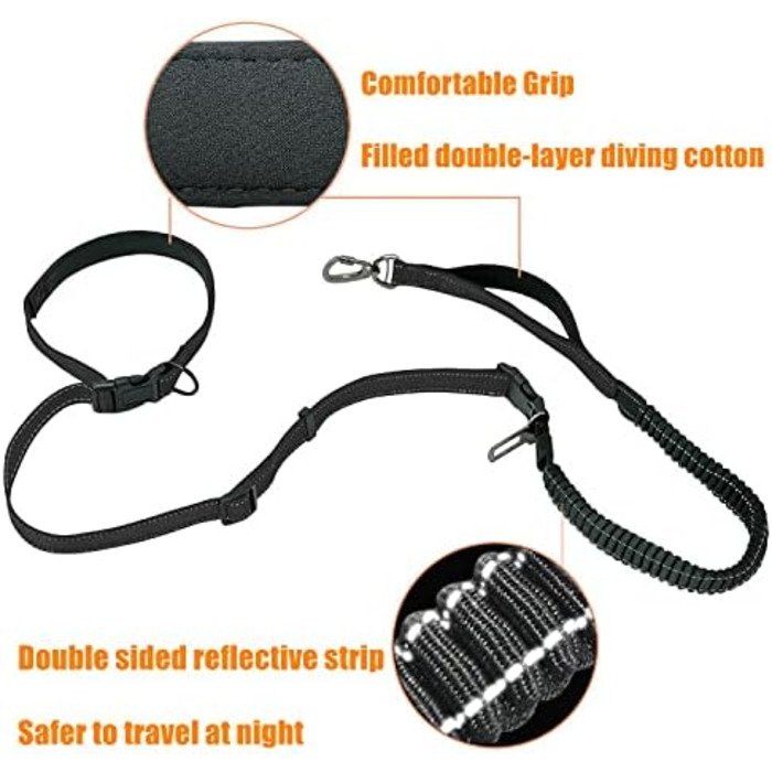 Поводок для собак YankMooM 6-в-1: багатофункціональний, регульований, з надійним амортизатором. Підходить для бігу, прогулянок, тренувань, поїздок в авто з собаками середніх та великих порід. Включає автомобільний ремінь безпеки (1,5 - 2,4 м)