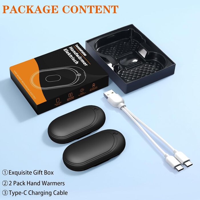 Електричний нагрівач для рук, перезарядна пара з 6000mAh, кишеньковий нагрівач з USB-кабелем, 3 режими нагріву, 20 годин тепла, акумуляторний кишеньковий нагрівач для активного відпочинку взимку, чорний