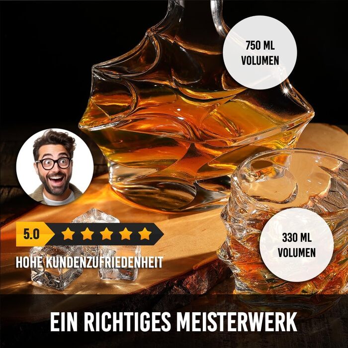 Набір віскі 5 предметів: графин 750 мл та 4 келихи 330 мл. Ідеальний подарунок на день народження та День батька. Безпечний, без свинцю, BPA-Free.