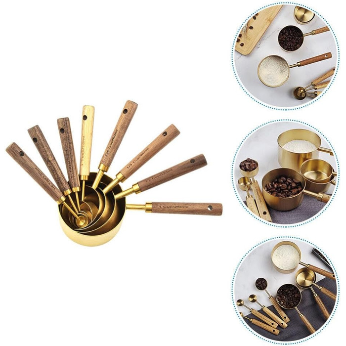 STOBAZA Measuring Cup and Spoon Set of 8 Stainless Steel Pieces, Stackable Measuring Cups and Kitchen Baking Utensils with Wooden Handle for Wine Ingredients, Milk Powder