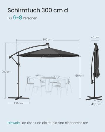 SONGMICS Patio Umbrella with LED Solar Lighting, Market Umbrella 300 cm Diameter, 32 LED Lights, with Stand, Sun Protection Balcony, Balcony Umbrella, UPF 50+, with Crank, for Terrace, Garden, Grey GPU118G01