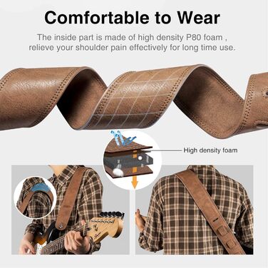 Шкіряний ремінь для гітари Lekato з товстою амортизуючою подушкою, універсальний для бас, електро-, акустичної та класичної гітари, регульований, довжина 41-51 см (колір коричневий)