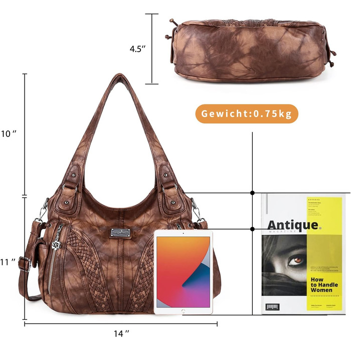 Сумка жіноча AngelKiss через плече, водонепроникна PU шкіра, коричнева. Багатофункціональна сумка-месенджер з кишенями на блискавці