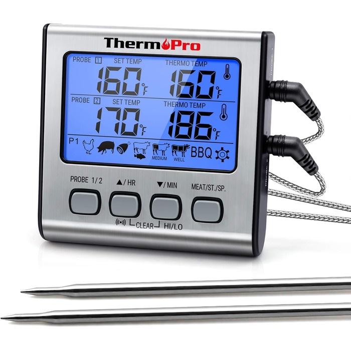 ThermoPro TP17 Digital Grill Thermometer, Meat Thermometer, Kitchen Thermometer, with Two Stainless Steel Probes, Blue Backlight, Temperature Range up to 300°C