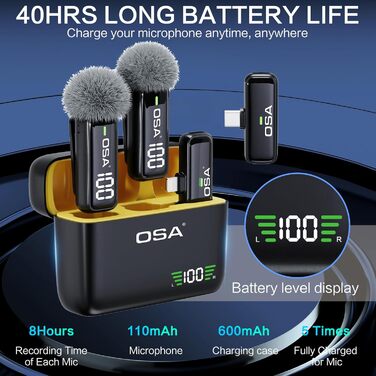 Бездротовий петличний мікрофон OSA: професійний комплект з двома мікрофонами, Plug-and-Play, для iPhone, Android, камери, ПК