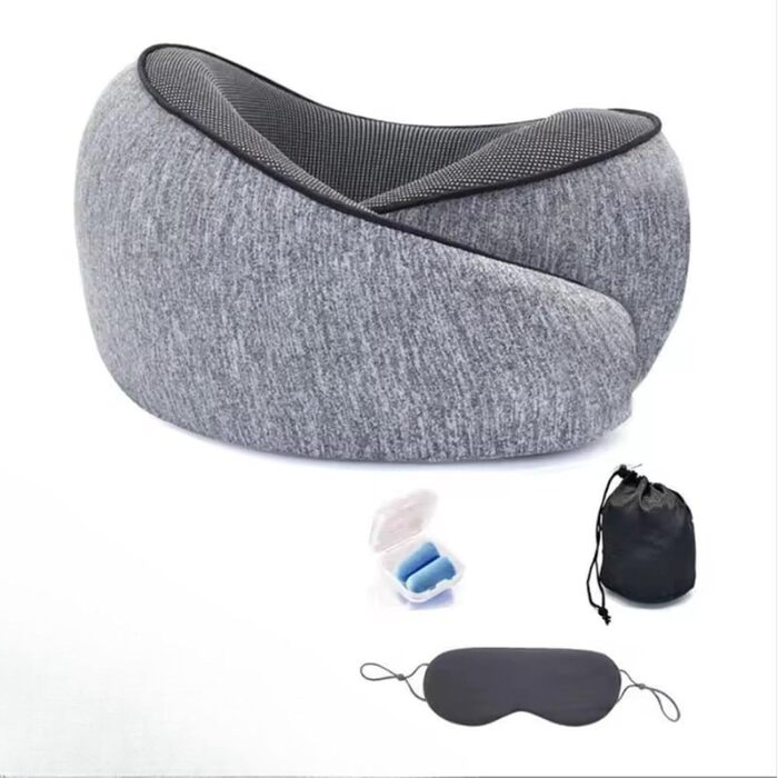 Подушка для шиї з Memory Foam - Ергономічна подушка для подорожей з маскою для очей, навушниками та чохлом (Рожева, Сіра)