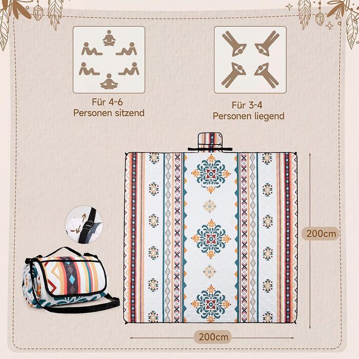 Плед для пікніка HAUSPROFI 200x200 см водонепроникний, ізольований - для пікніка, пляжу, кемпінгу. З бавовняним наповнювачем, ручкою та кілочками