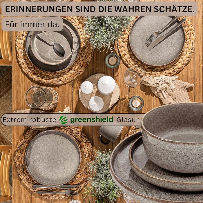 Набір посуду SÄNGER Tafelservice 24 шт. (6 осіб): 6 тарілок, 6 десертних тарілок, 6 каструль, 6 мисок, кавова чашка. Колір: моха-коричневий. Серія VALUE COLLECTION (Каїро Графіт)