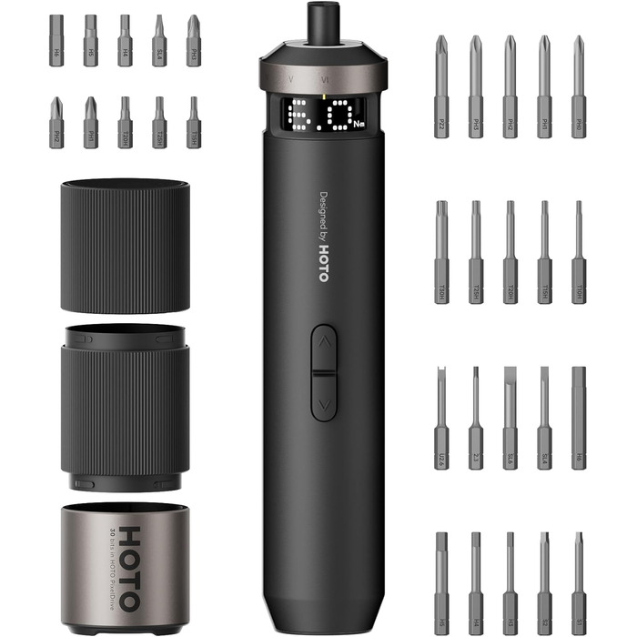 HOTO PixelDrive: Електродриль з інтелектуальним дисплеєм, 6 рівнів крутного моменту, 2000 mAh, USB-C, 30 біт, 1/4 Hex. Ідеально для ремонту електроніки та дому.