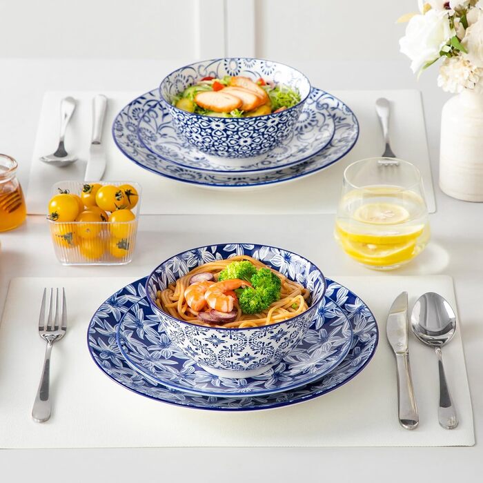 Набір мюслі-тарілок Vancasso Selene (6 шт.) з порцеляни, 720 мл – блакитно-білі керамічні тарілки для мюслі, салату, супу, рамену, фруктів та десерту