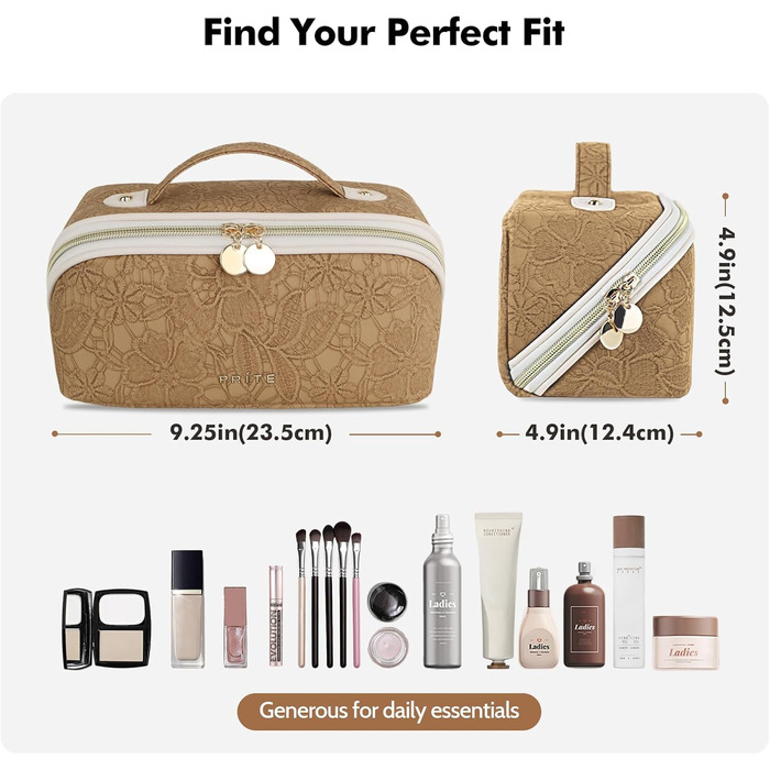 Косметичка велика містка для подорожей, водонепроникна з PU-шкіри, з прозорими перегородками та ручкою (M, Коричнева квітка)