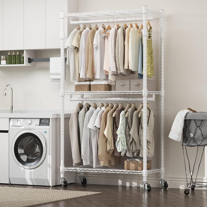 Double Clothes Rack/Garment Rod with Adjustable Shelves, Heavy-Duty Clothes Rack with 2 Hooks, Rolling Clothes Rack, 90 * 42 * 205cm, White (White, 60*42*205cm)