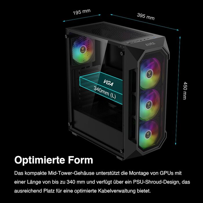 Корпус для ПК GAMDIAS Aura GC1 Elite ARGB Midi-Tower: сітка для високої циркуляції повітря, 4 x 120 ARGB вентилятори, скляна панель, підтримка синхронізації материнської плати, чорний