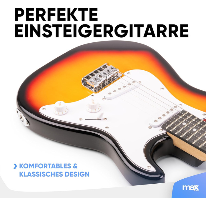 Електрогітара Max GigKit: Комплект для початківців з підсилювачем 40W, чохлом, медіатором, ременем, тюнером та кабелем (4/4, 3/4 Junior)