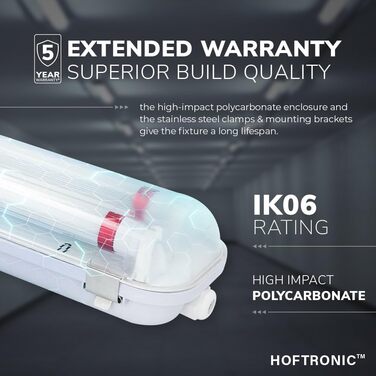 HOFTRONIC LED Damp-Proof Light 150cm 6000K Cold White 60W 10500lm 175lm/W Flicker-Free Linkable T8 Workshop Lamp IP65 Waterproof Basin Light Double for Garage Basement Office