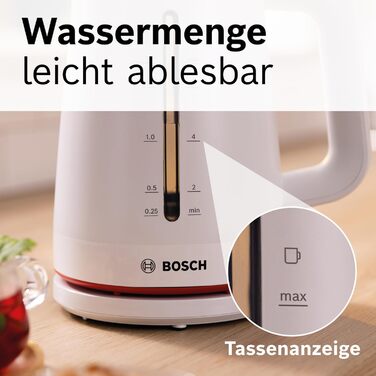 Електричний чайник Bosch MyMoment TWK3M123, 1.7 л, 2400 Вт, автоматичне відключення, захист від перегріву, покажчик рівня води, знімний фільтр від накипу, матовий білий