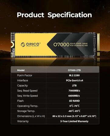 ORICO NVMe SSD 2TB PCIe 4.0 x4 - Внутрішній SSD M.2 2280 з радіатором для ПК та ноутбуків