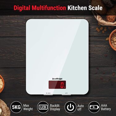 Кухонні ваги ACCUWEIGHT 5 кг з LCD-дисплеєм з міцного скла, функція тарування, для випічки, приготування їжі, ювелірних виробів, з вагою, автоматичне вимкнення