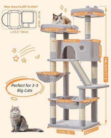 Кігтеточка для котів Taoqimiao MS026W 146 см - велика, стабільна, з 2 будиночками, гамаком, корзиною та 8 кігтеточками (світло-сірий)