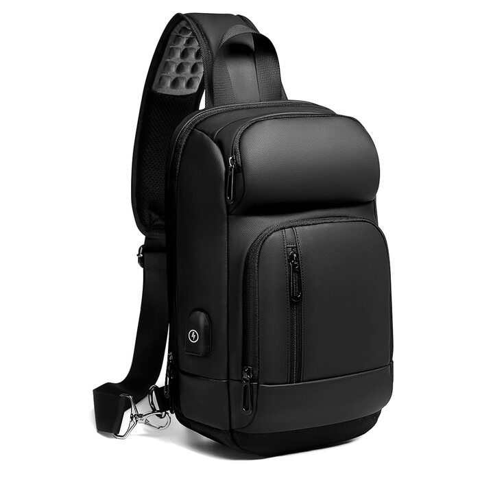 Чоловіча сумка-слінг Crossbody через плече, водонепроникна нагрудна сумка з USB-портом для подорожей, роботи та спорту, чорна