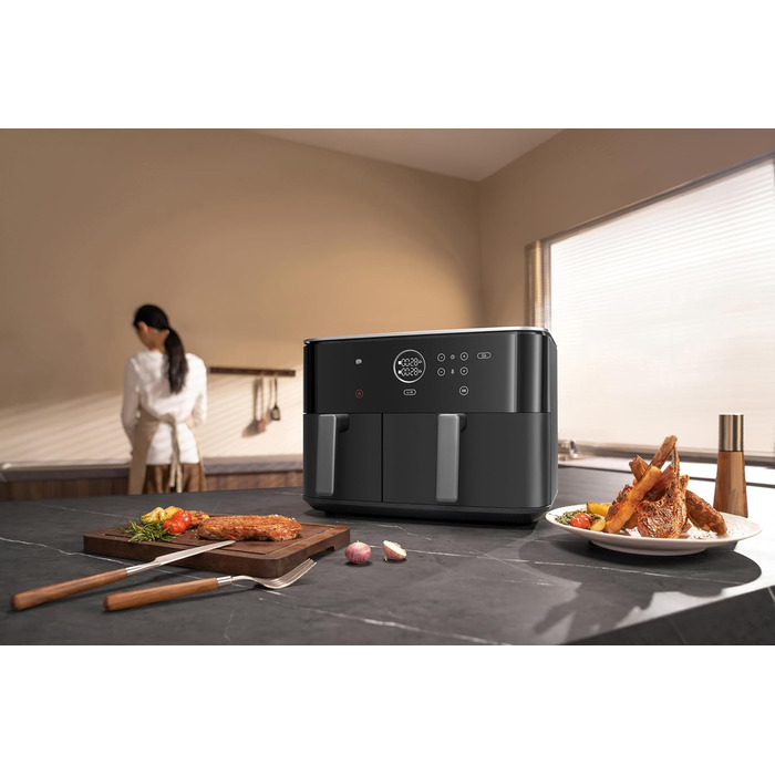 Фритюрниця Xiaomi Dual Zone 10л, 2 камери (3.5л + 6.5л), 230°C, синхронізація, 9 режимів, 2700W, без олії, сенсорне управління, чорна