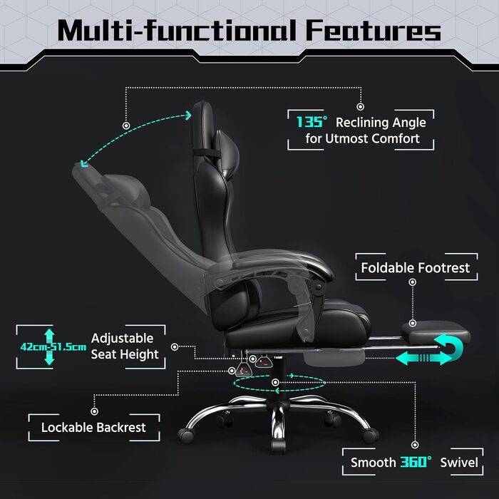 Ігрове крісло Yaheetech Ergonomic Gaming Chair з функцією масажу, підставкою для ніг та регулюванням спинки 90-135°, офісне крісло для геймерів та дому, чорне