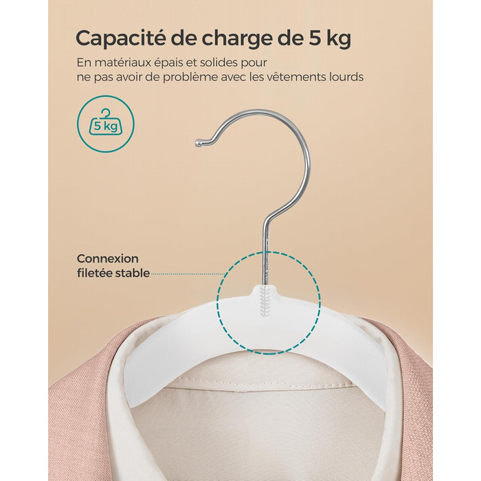 SONGMICS Плечики для одягу з оксамиту, 20 шт., для сорочок, жакеток, пальто та костюмів, білі, 41,5 см, обертаються на 360°