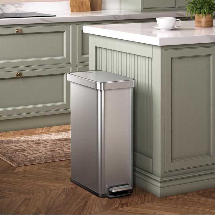 Відро для сміття EKO Madison 30L з винімним контейнером, м'яким закриттям кришки, стійке до відбитків пальців, нержавіюча сталь, прямокутне, з мішками для сміття 20 шт. (50L)