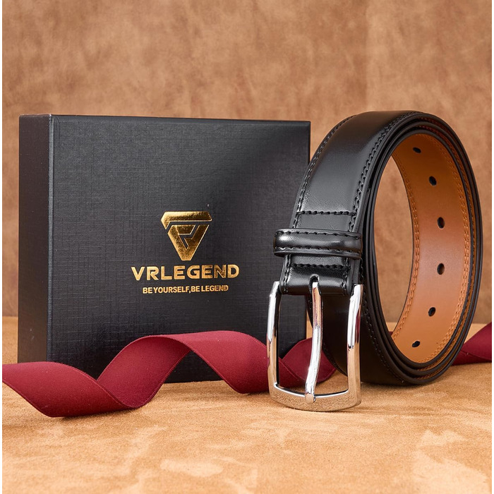 Чоловічий шкіряний ремінь VRLEGEND 35 мм для бізнесу та офіційних заходів, ремінь до костюма, з подарунковою коробкою, чорний, розмір 38W-41W (120 см)