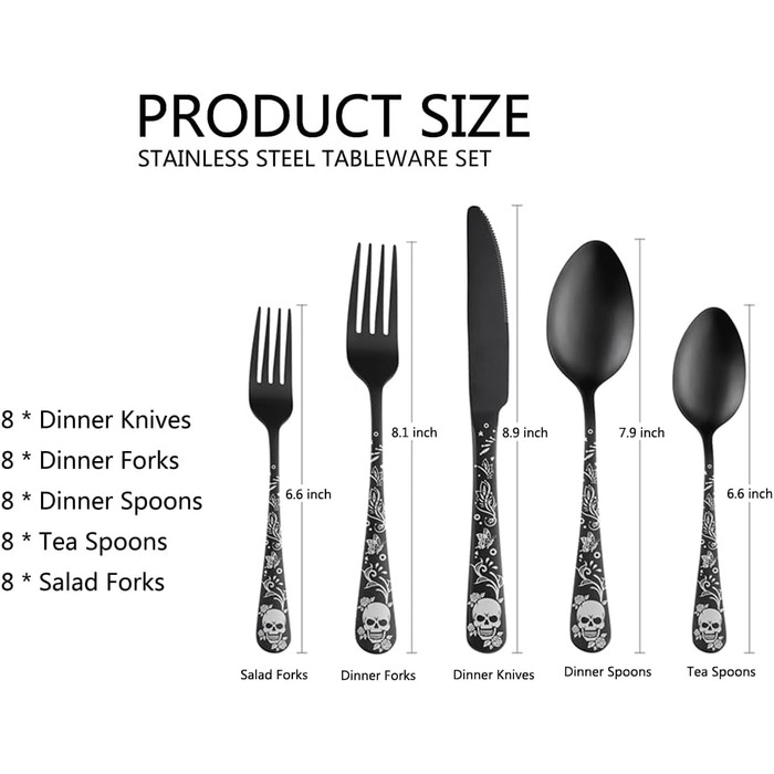 Набір столових приборів XIAOYU з дизайном черепа, готичний, 40 предметів, нержавіюча сталь, для 4 осіб. Хелловінський набір (Череп, квіти)
