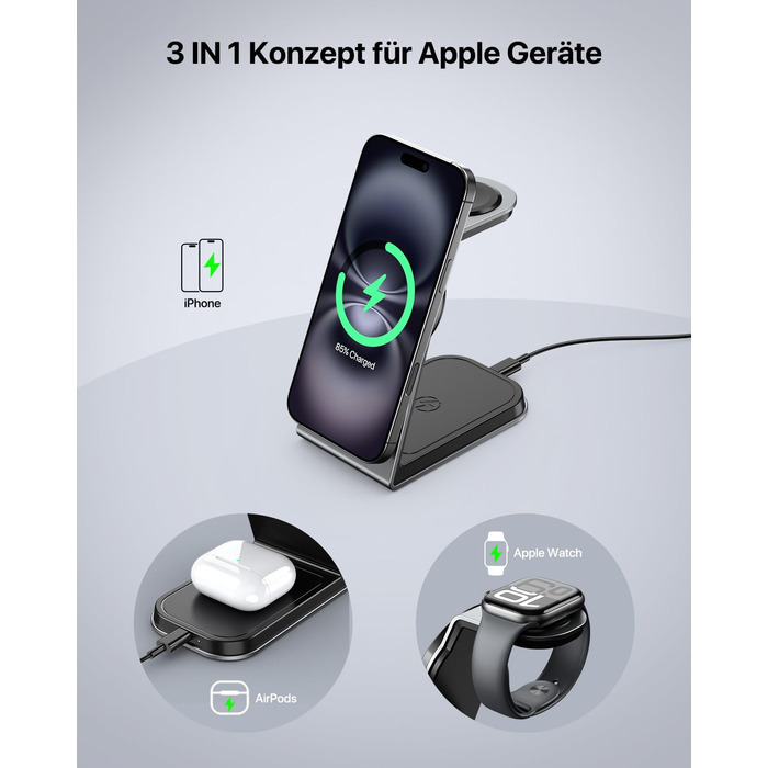 Зарядна станція 3-в-1 для Apple Watch, iPhone та AirPods Pro (індуктивна, бездротова) Сірий