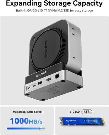 ORICO MiniDock: Док-станція та підставка для Mac mini M4/M4 Pro з корпусом для NVMe SSD, USB-C хаб з 4K HDMI та DisplayPort, SD/TF 3.0, USB-C/A 10Gbps, PD 100W - VS10 (10-в-1, 4TB)