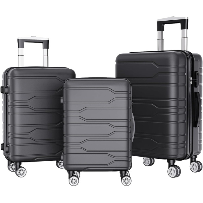 Набір валіз 3 шт., чорний: міцний, легкий, з TSA замком та обертовими колесами 360°