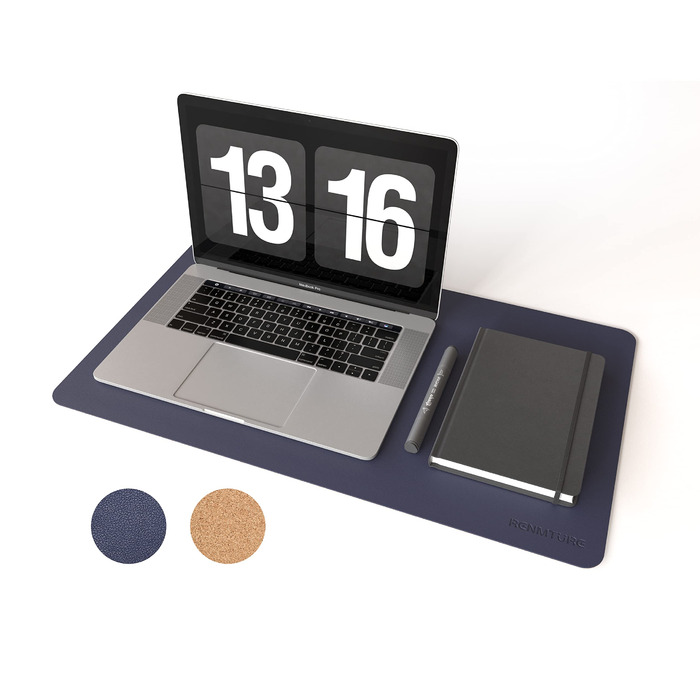 Килимок для миші RENMTURE двосторонній: Корк + PU-шкіра, 90x43 см, для офісу та дому, водостійкий, антиковзкий, захист столу (Темно-синій)