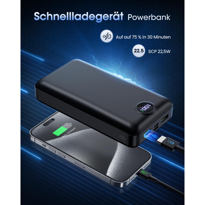 Power Bank 50000mAh з LED дисплеєм: Швидка зарядка 22.5W, USB-C, 3 виходи та 2 входи (Чорний)