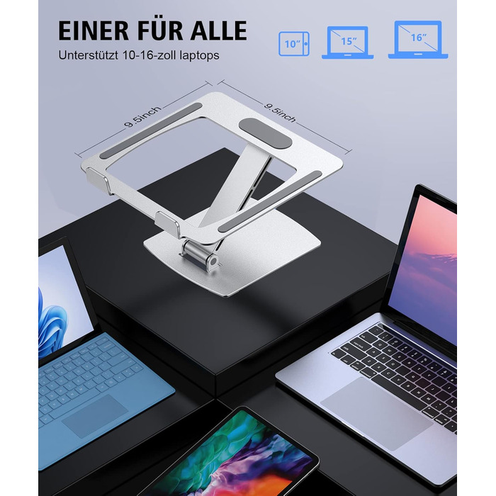 Підставка для ноутбука Glangeh, регульована по висоті, ергономічна, портативна, для столу, складана, з алюмінію, сумісна з MacBook Air/Pro (10–16 дюймів), срібна