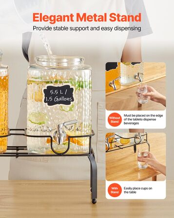Диспенсер для напоїв VEVOR (2 x 5,5 л) з металевим підставкою, скляний сокодиспенсер з антикрапельним краном, для ресторанів, вечірок, приготування домашніх напоїв