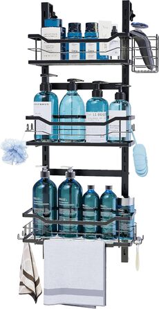 Golden Bell Shower Shelf, Over-the-Door Shower Shelf (No Drilling), Shampoo Holder for Shower, Adjustable Hanging Shower Shelf 3 Tiers Over the Door Glass Wall for Bathroom, Black