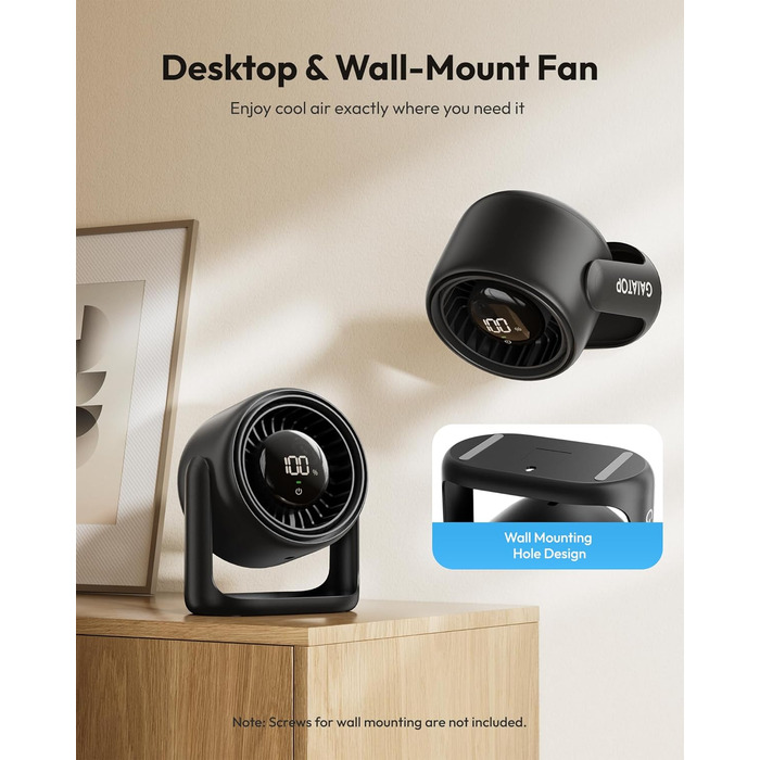 Настільний вентилятор Gaiatop з сенсорним керуванням, акумулятор 4000 мАг, 5 швидкостей, тихий міні-вентилятор з LED-дисплеєм, кут нахилу 90°, заряджається через USB-C, для офісу, спальні, дому, чорний