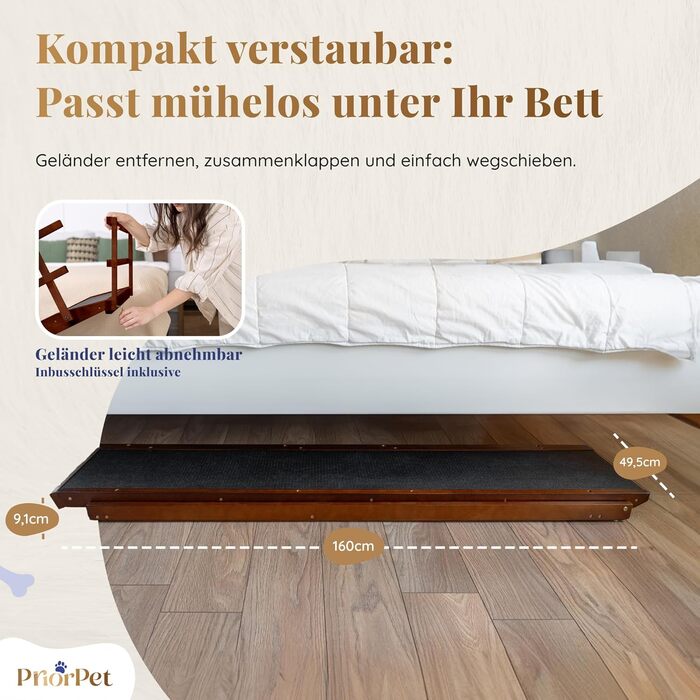 Східці для собак до ліжка з огорожею - для великих собак до 90 кг - регульована висота до 94.5 см - ширина 49.5 см - складаються - антиковзні ручки - з берези - колір натуральний (волоський горіх)