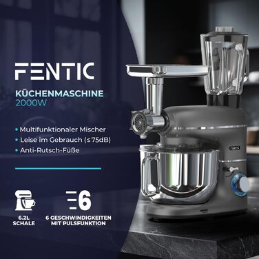 Кухонна машина Fentic 6-в-1 з м'ясорубкою, 1,5л соковитискачем, подрібнювачем овочів та ін. – 2000W, містка чаша 6,2л, набір насадок (антрацит)