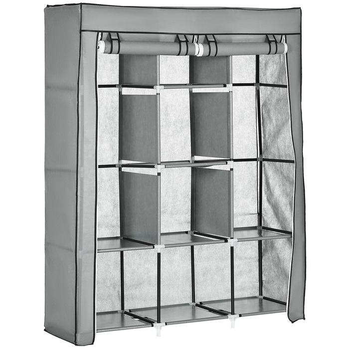 HOMCOM Fabric Closet with Hanging Rod, Folding Wardrobe 8 Tiers, Light Grey for Bedroom & Hallway