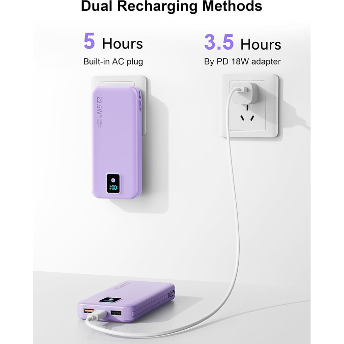 Ультрапортативний зовнішній акумулятор Power Bank 12000 mAh з вбудованим кабелем та мережевою вилкою AC, швидка зарядка SCP 22.5W та PD 20W USB-C, LED-дисплей, для iPhone та Samsung