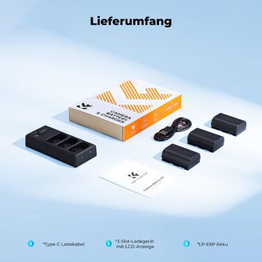 Акумулятор Canon LP-E6P (3 шт.) K&F Concept + Зарядний пристрій на 3 слоти, 2400mAh для Canon EOS R5, R6, R7, 5D Mark IV