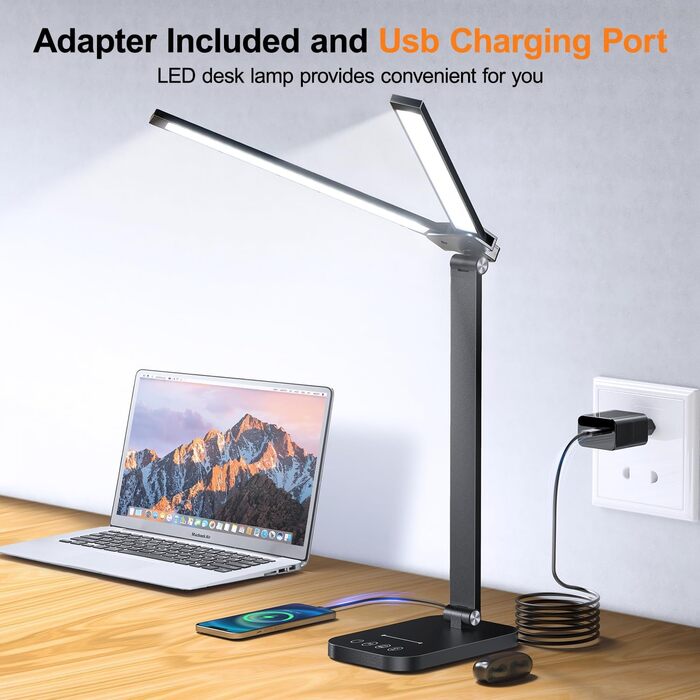Настільна лампа One Fire з адаптером, 1000 люмен, 96 LED, диммування, для навчання дітей, з таймером та функцією пам'яті, денне світло, білий/чорний колір
