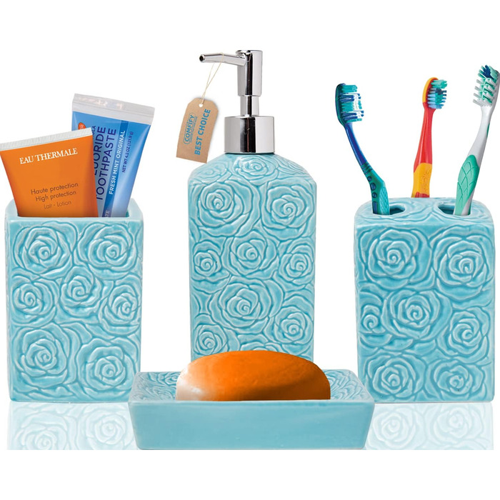 Designer 4-Piece Bathroom Accessory Set - Ceramic Bathroom Set with Liquid Soap or Lotion Dispenser, Toothbrush Holder, Cup, and Soap Dish - Decorative Set with Embossed Details - Vanity Accessory