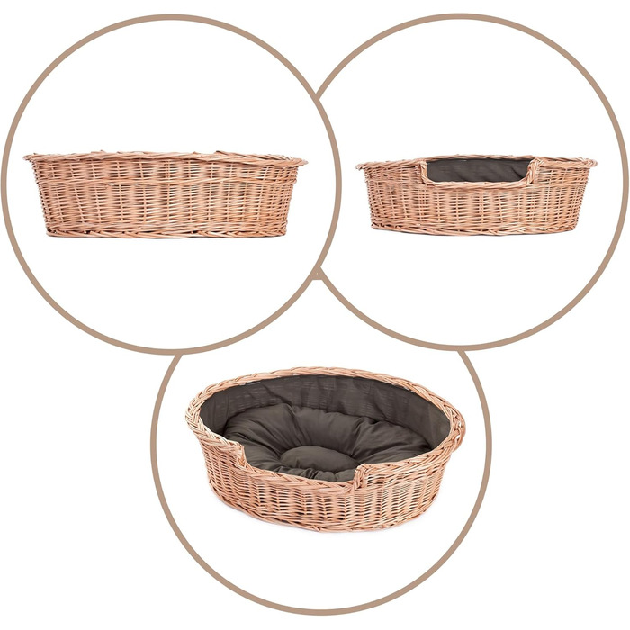 Wicker Dog Basket for Dog and Cat, Dog Bed, Cat Bed with Cushion, Pet Basket, Woven Cat Basket, 60x43 x H19 cm