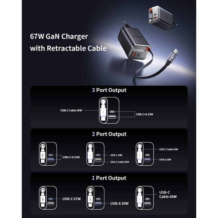 Мсдодо зарядний пристрій USB-C 67W з висувним кабелем, мережевий адаптер, швидка зарядка GaN, 3 порти, LED дисплей, чорний