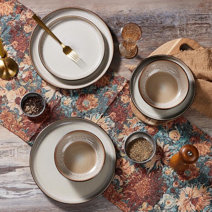 Набір посуду HaWare на 6 осіб, 18 предметів: тарілки, десертні тарілки, миски. З реактивною глазур’ю, стійкий до миття в посудомийній машині та використання в мікрохвильовій печі, бежевий колір.