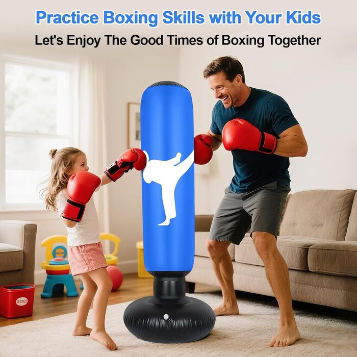 Дитячий боксерський мішок 160 см з рукавичками та насосом, надувний, для занять карате та тхеквондо, ідеальний подарунок для дітей від 6 років (Блакитний)